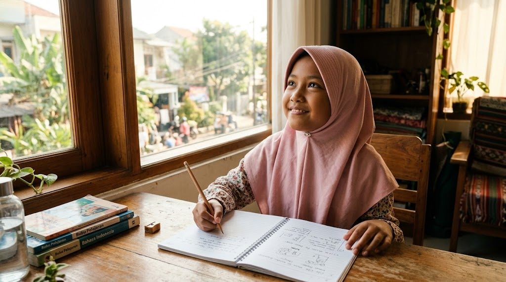 Anak perempuan Indonesia berhijab menulis di buku catatan sambil membayangkan impian masa depannya