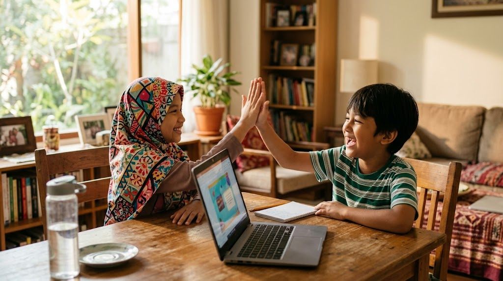 Dua anak Indonesia bertos gembira sambil belajar bahasa Jepang online bersama di rumah