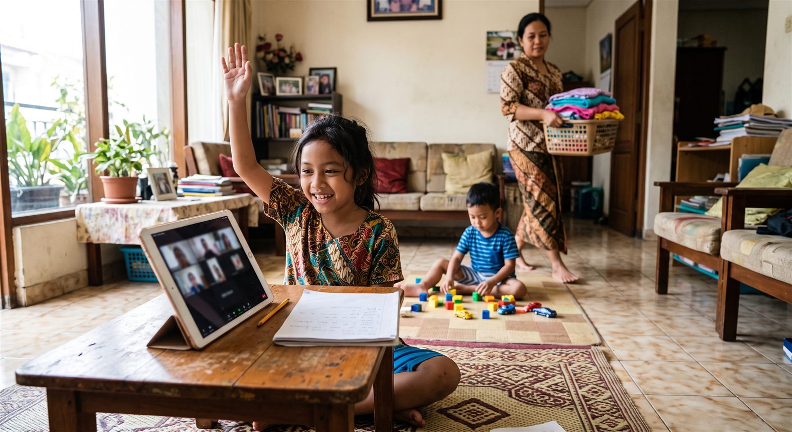Anak Indonesia mengikuti kelas bahasa Jepang online di rumah sementara ibunya mendampingi