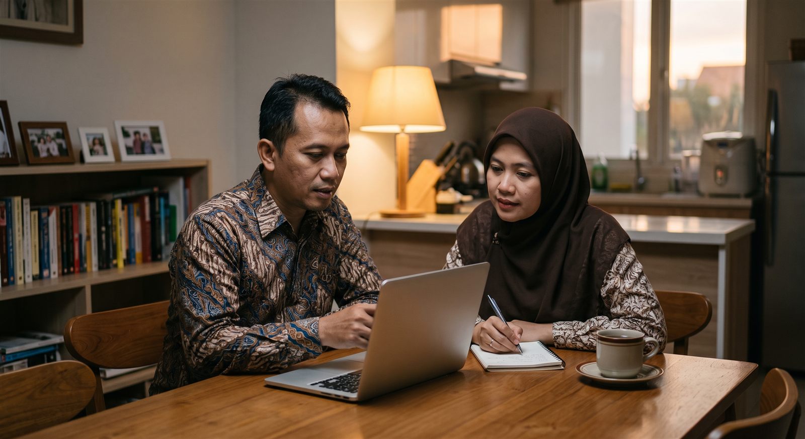 Orang tua membandingkan pilihan les bahasa Jepang online di laptop sambil mencatat di buku