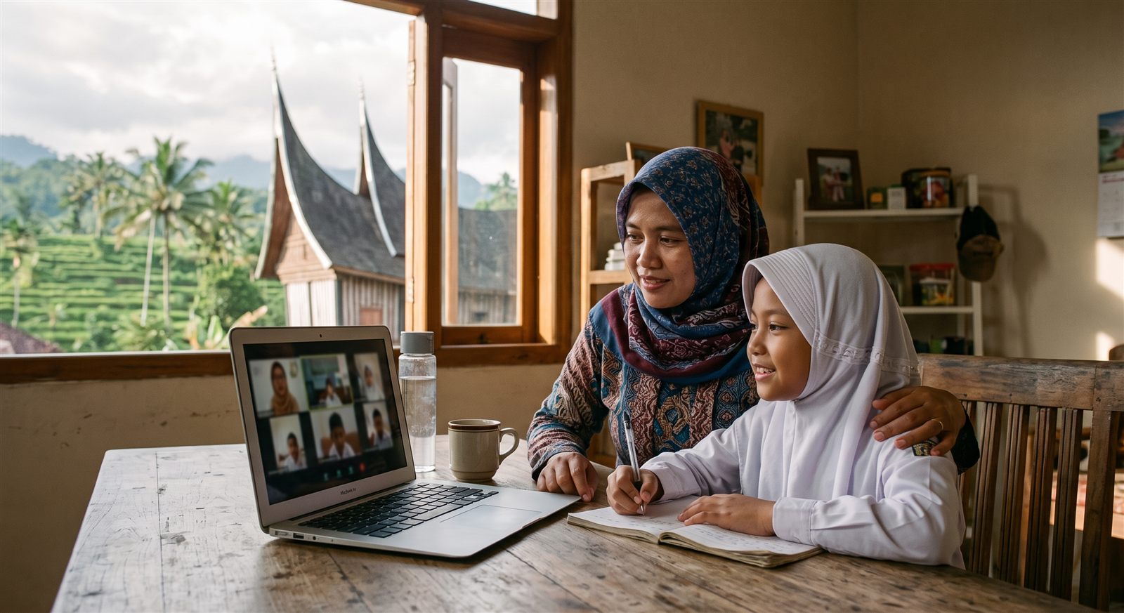 Ibu dan anak perempuan Minangkabau belajar bersama di depan laptop di rumah mereka di Sumatera Barat