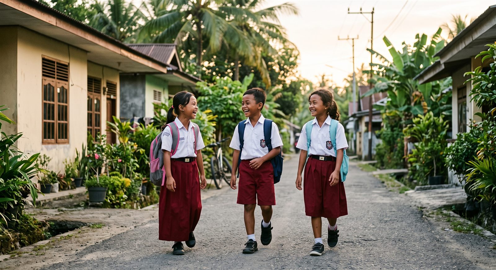 Tiga anak sekolah dasar Indonesia berjalan pulang bersama sambil tertawa di jalan kota kecil Sumatera Barat