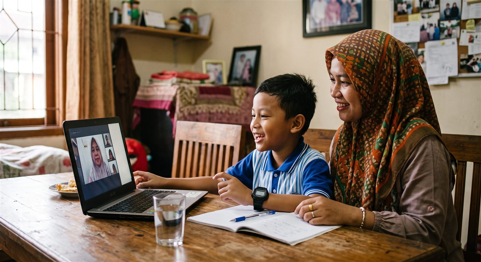 Ibu berhijab mendampingi anak laki-lakinya belajar bahasa Jepang lewat laptop di rumah mereka di Palembang