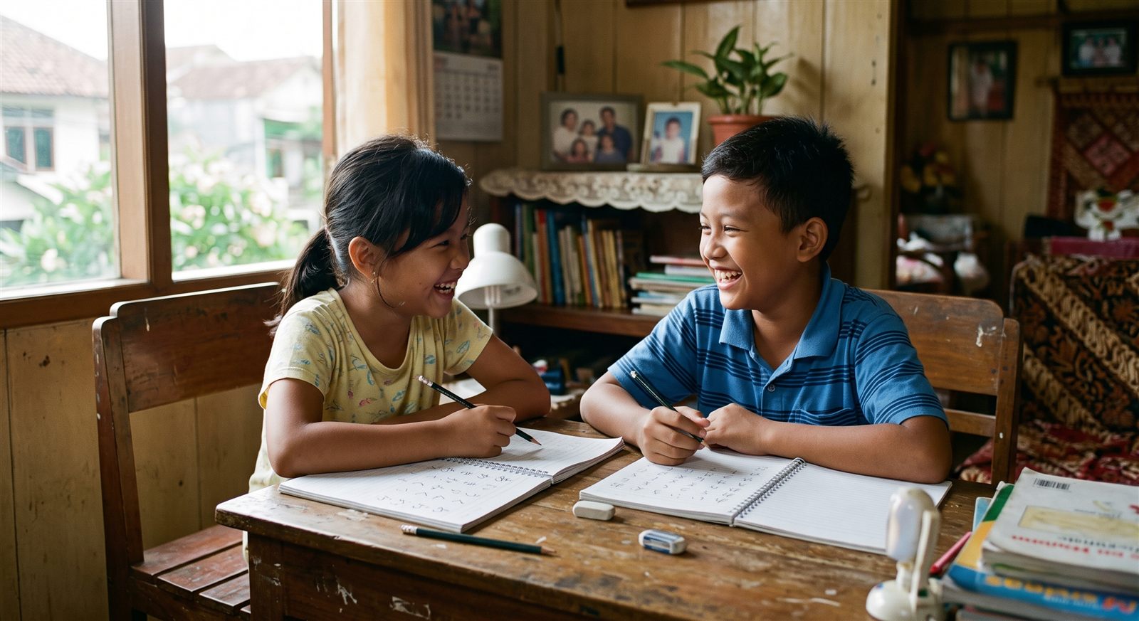 Dua anak Indonesia berlatih menulis hiragana bersama di meja belajar di rumah
