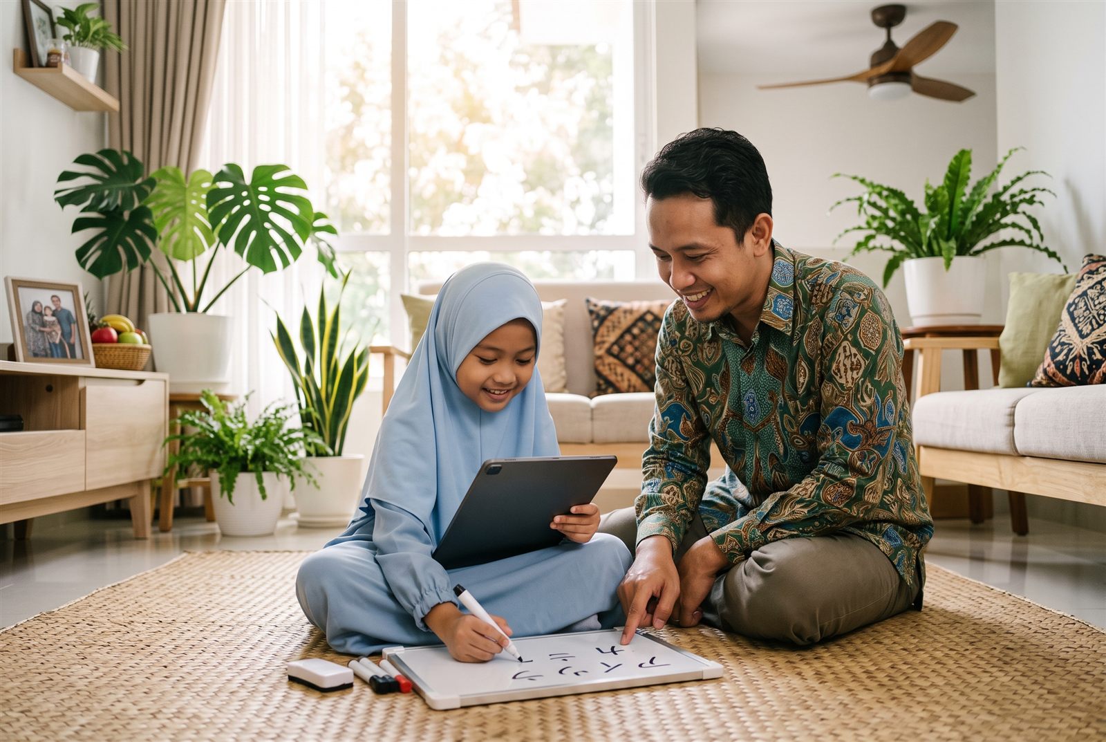 Anak perempuan berhijab di Pekanbaru belajar katakana dengan tablet bersama ayahnya di ruang keluarga