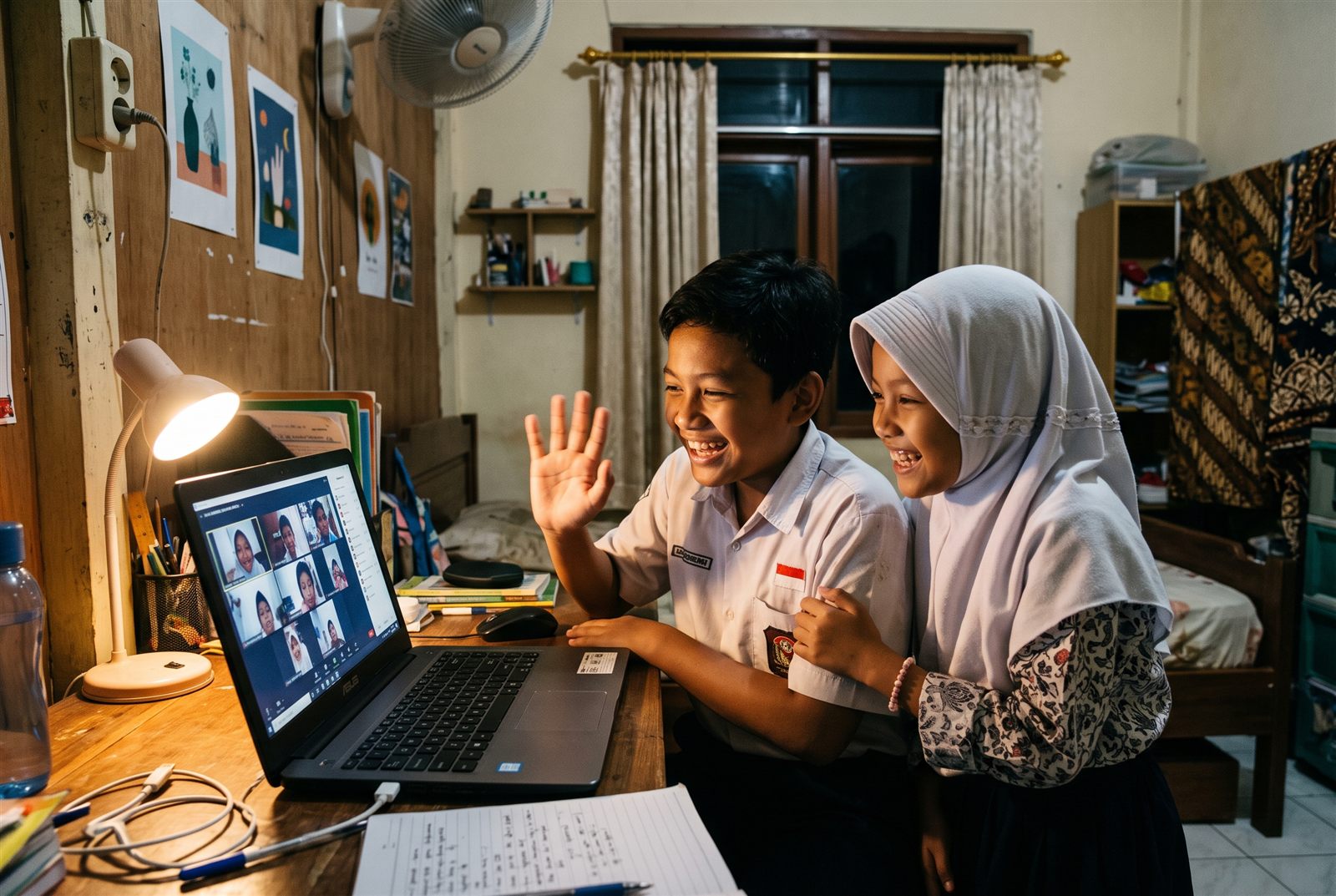 Kakak dan adik di Pekanbaru melambaikan tangan dalam kelas bahasa Jepang online bersama anak-anak lain