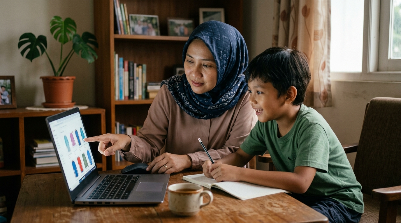Orang tua Indonesia mendampingi anak memilih tempat les bahasa Jepang online di depan laptop