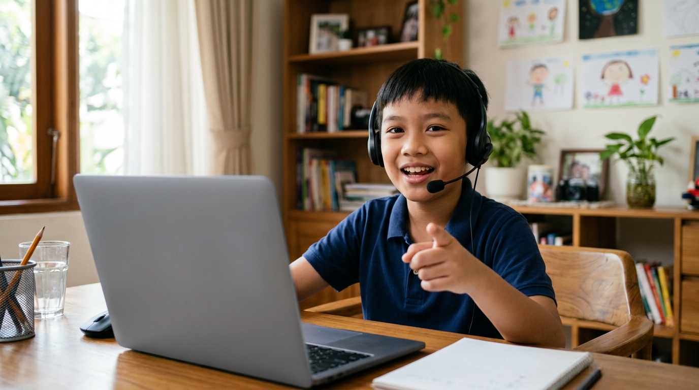 Anak Indonesia aktif berbicara dan tersenyum dalam kelas bahasa Jepang online bersama teman-teman