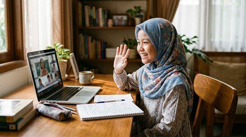 Anak Indonesia berbicara riang dalam kelas online bersama teman sebaya dari Jepang