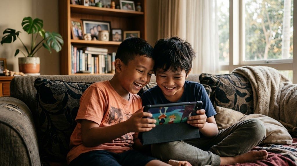 Dua anak Indonesia bermain dan menonton Pokémon bersama sambil bersemangat menyebut kata-kata Jepang