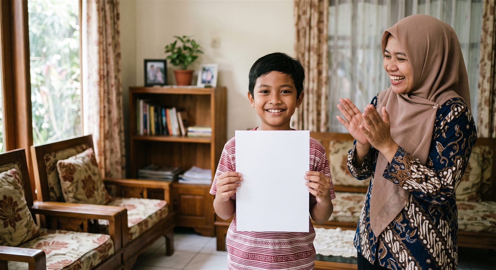 Anak laki-laki Indonesia mengangkat lembar sertifikat sambil tersenyum, ibunya bertepuk tangan di sampingnya di ruang tamu