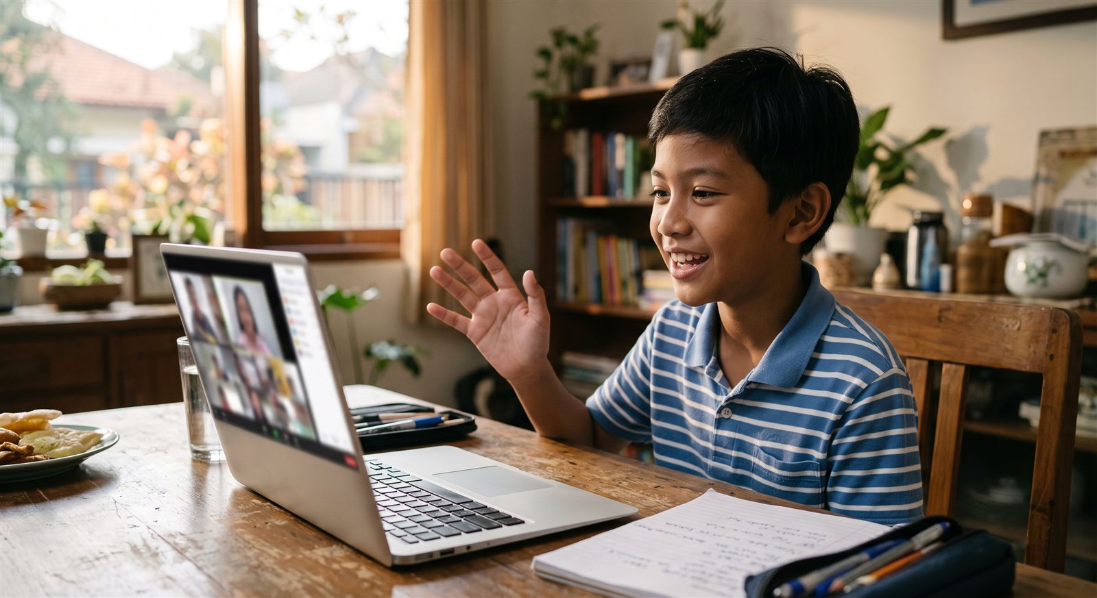 Anak laki-laki Indonesia berbicara dan mengangkat tangan di depan laptop saat mengikuti kelas bahasa Jepang online langsung