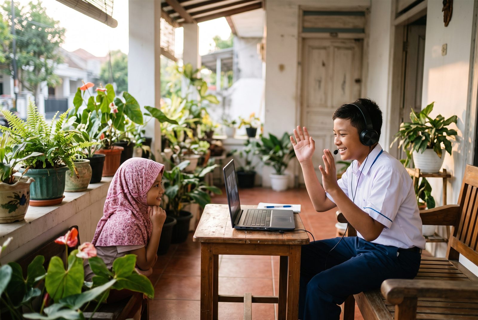 Anak SMP di Solo berbicara bahasa Jepang lewat kelas online di teras rumah ditemani adiknya