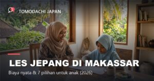 Ibu berhijab dan anak perempuan di Makassar berlatih menulis hiragana di meja makan rumah