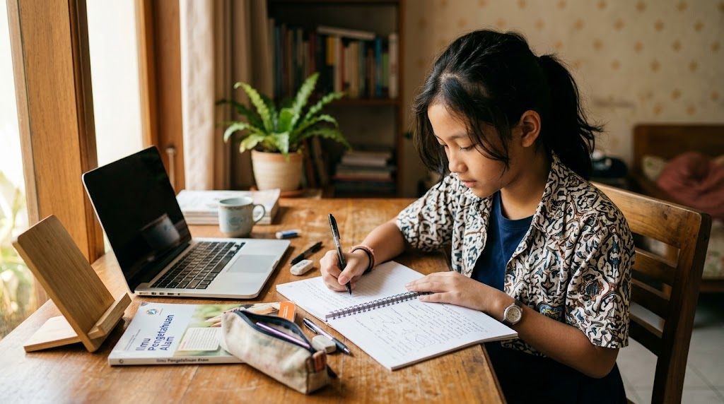 Anak Indonesia usia SD akhir belajar bahasa Jepang dengan percaya diri bersama teman secara online
