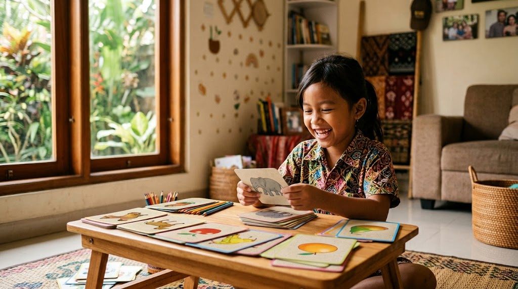 Anak kecil Indonesia belajar bahasa Jepang dengan gembira lewat permainan di rumah