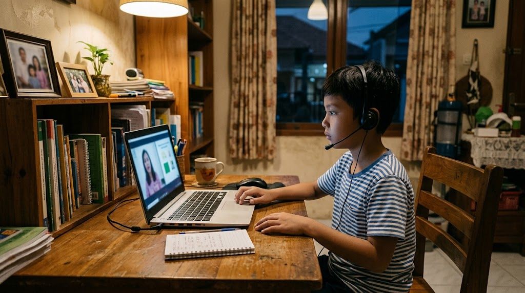 Anak Indonesia belajar bahasa Jepang sendirian dengan tutor privat lewat layar laptop