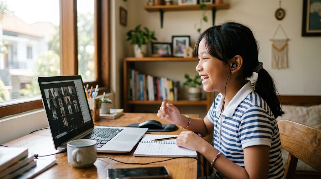 Anak Indonesia berbicara riang bersama teman-teman dalam kelas bahasa Jepang online