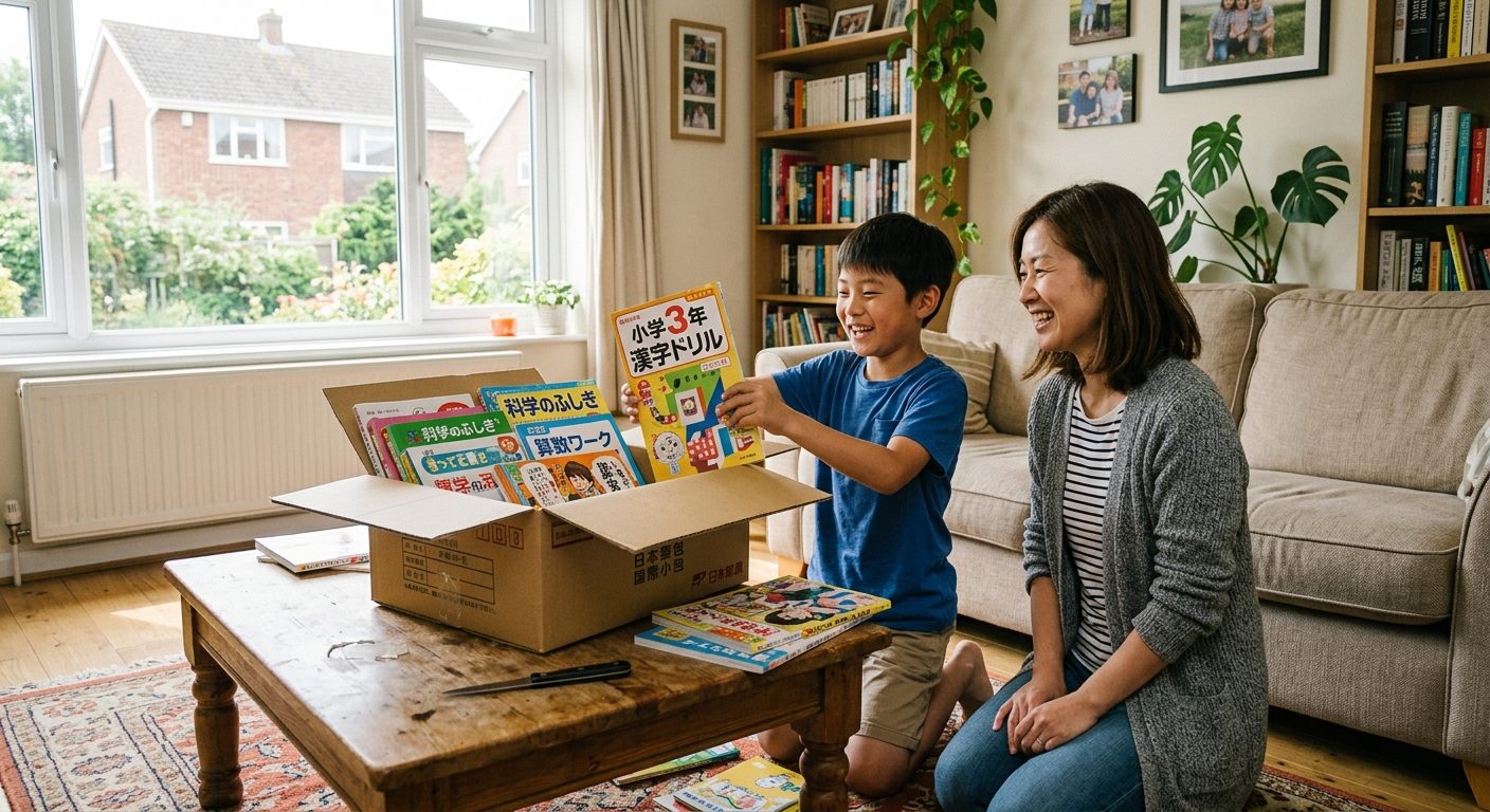 海外の自宅のリビングで、届いた日本の教材の箱を小学生の男の子と母親が一緒に開けている午前中の様子