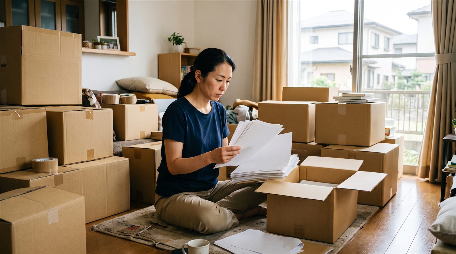 日本の自宅で、引っ越しの段ボールに囲まれた床に座り、母親が書類の束を確認している