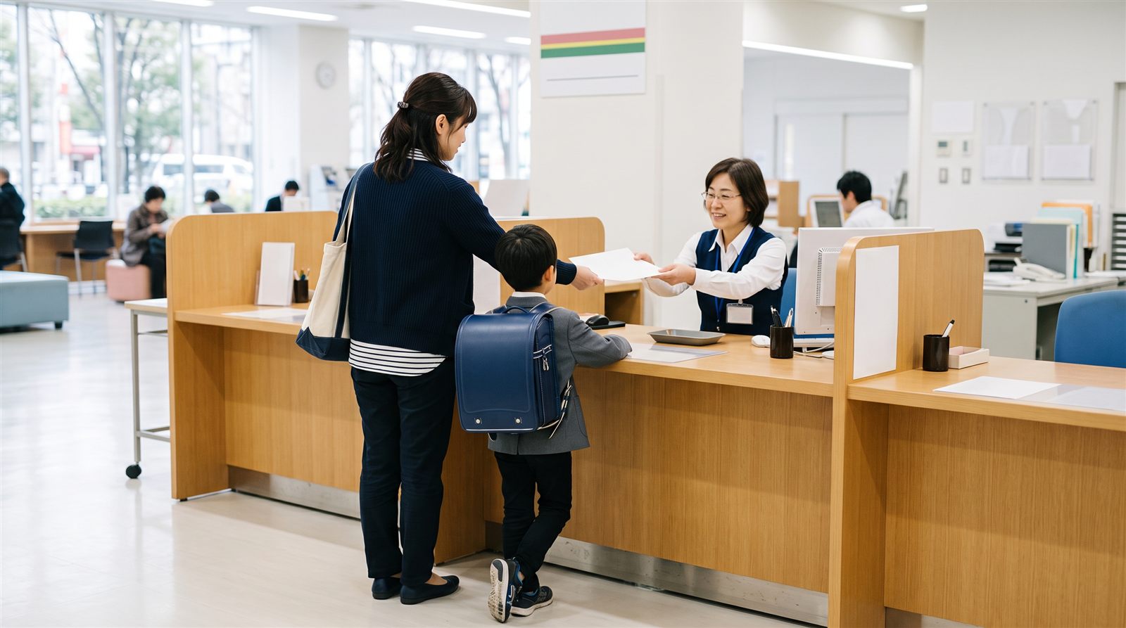 役所の窓口カウンターで、母親と小学生の子どもが書類を職員に手渡している後ろ姿