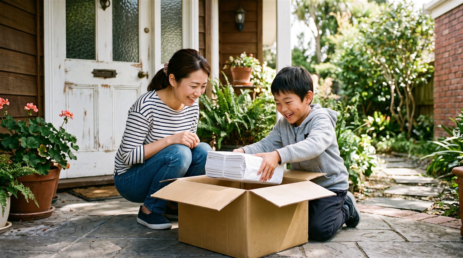 海外の住宅の入り口で、日本から届いた段ボール箱を母親と小学生の男の子がしゃがんで開けている場面