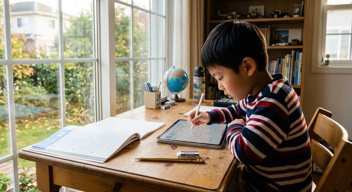 海外の自宅の机で、小学生の男の子がタブレットにスタイラスペンで書き込みながら学習している午後の様子