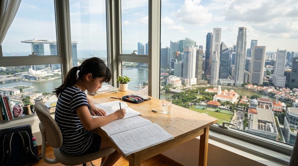 シンガポールの高層マンションの窓際の机で、小学生の女の子が問題集を広げて勉強している午後の様子