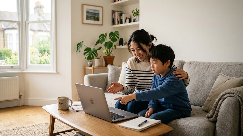 海外のマンションの明るいリビングで、母親と小学生の息子がノートパソコンで授業の予定を一緒に確認している朝の様子