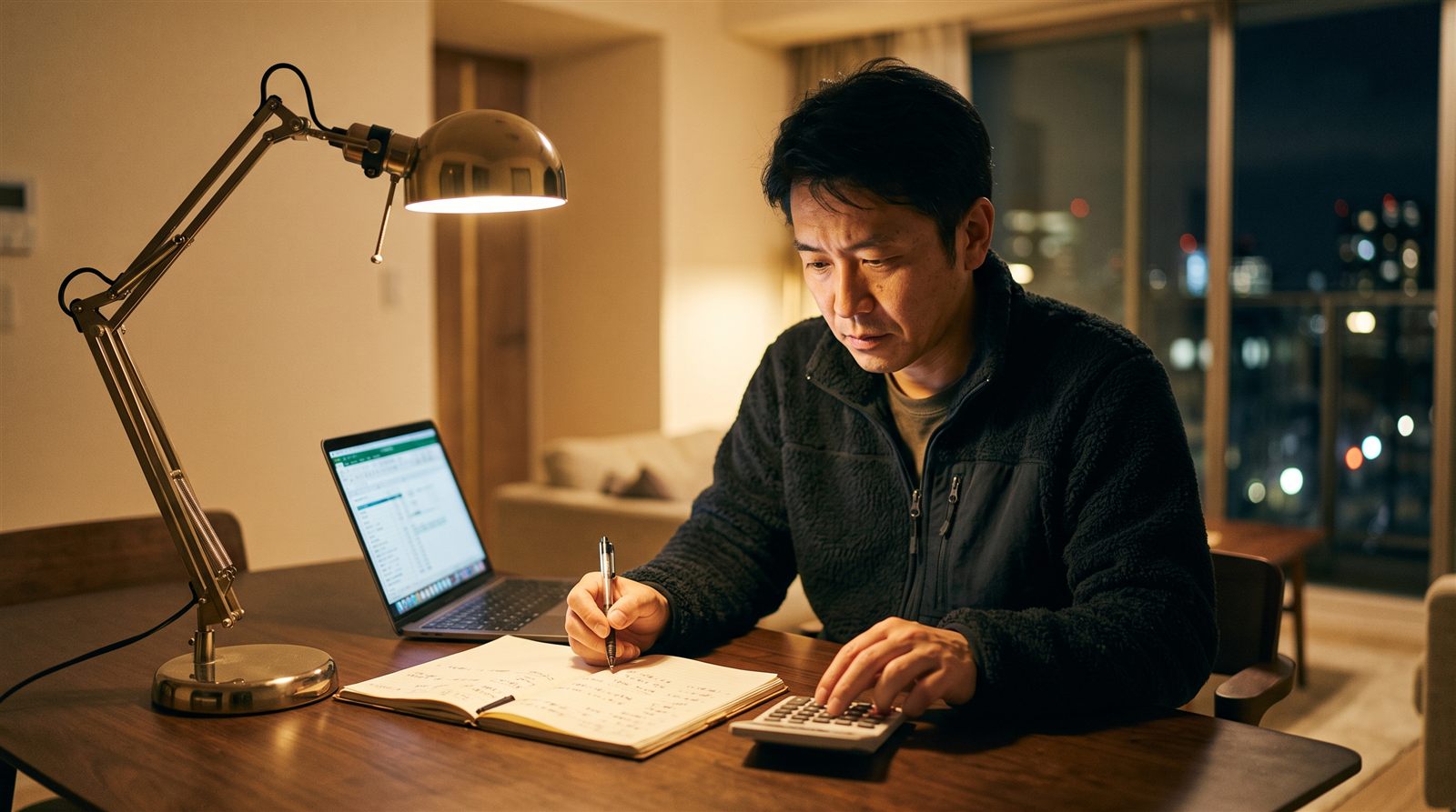 海外のマンションのダイニングテーブルで、父親が夜にノートパソコンと電卓を使って家計を見積もっている