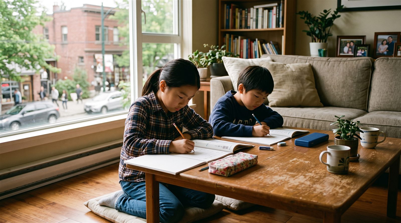海外の住宅のリビングで、小学生の姉と弟が並んで日本の教材に取り組んでいる午後