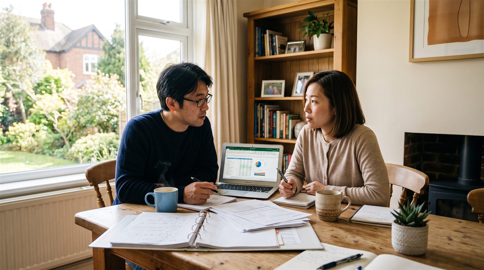 海外の住宅のダイニングテーブルで、夫婦が向かい合って書類とノートパソコンを広げ相談している午前