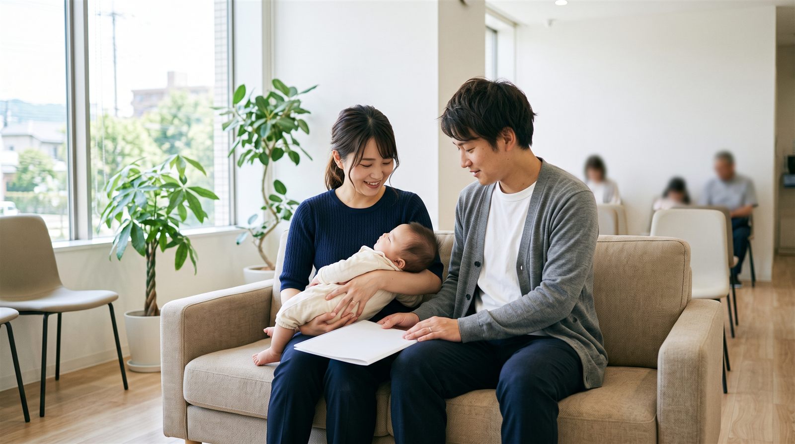 明るい待合ロビーのソファで、赤ちゃんを抱いた両親が書類ファイルを膝に置いて順番を待っている