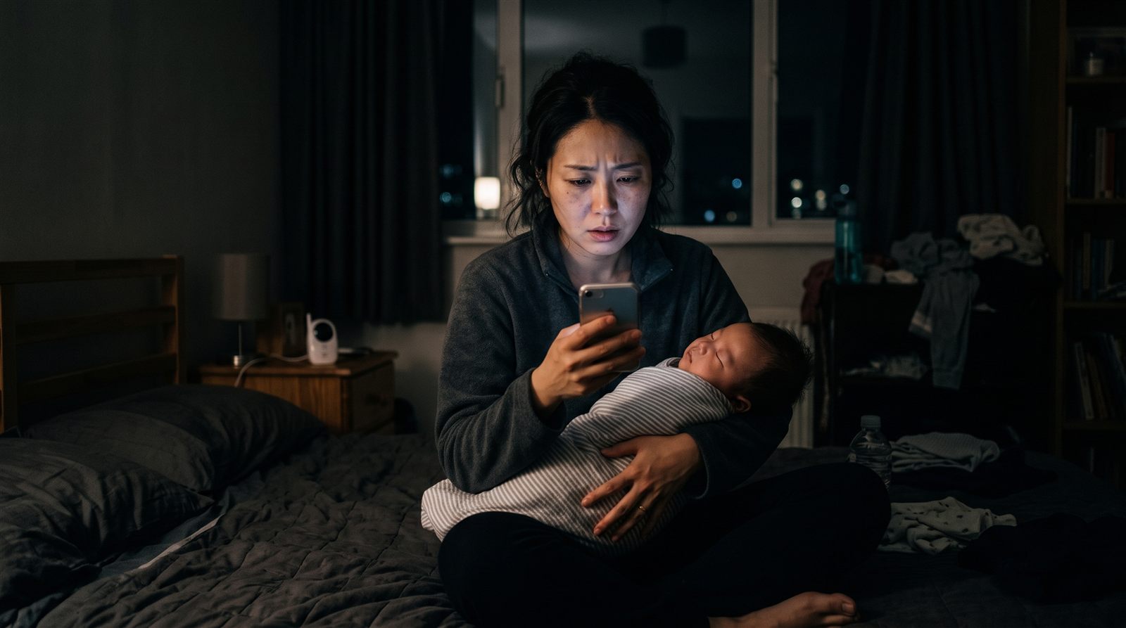 夜の寝室で、赤ちゃんを抱いた母親が不安そうな表情でスマートフォンの画面を見ている