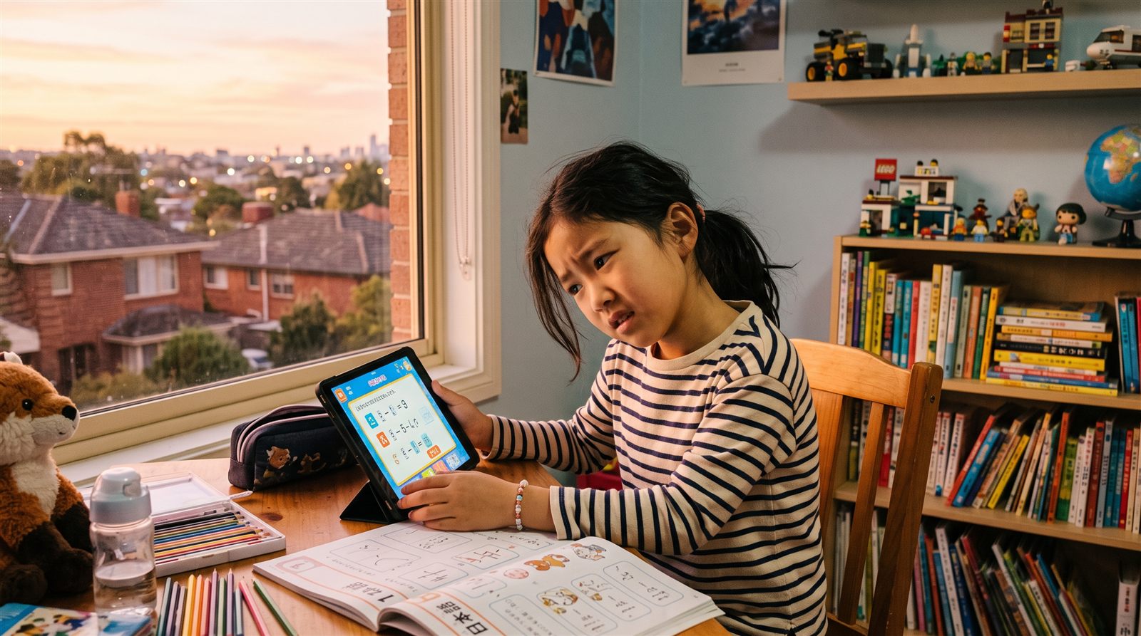 海外の子ども部屋の机で、小学生の女の子が学習用タブレットを持ち、画面を見て困った表情で首をかしげている夕方