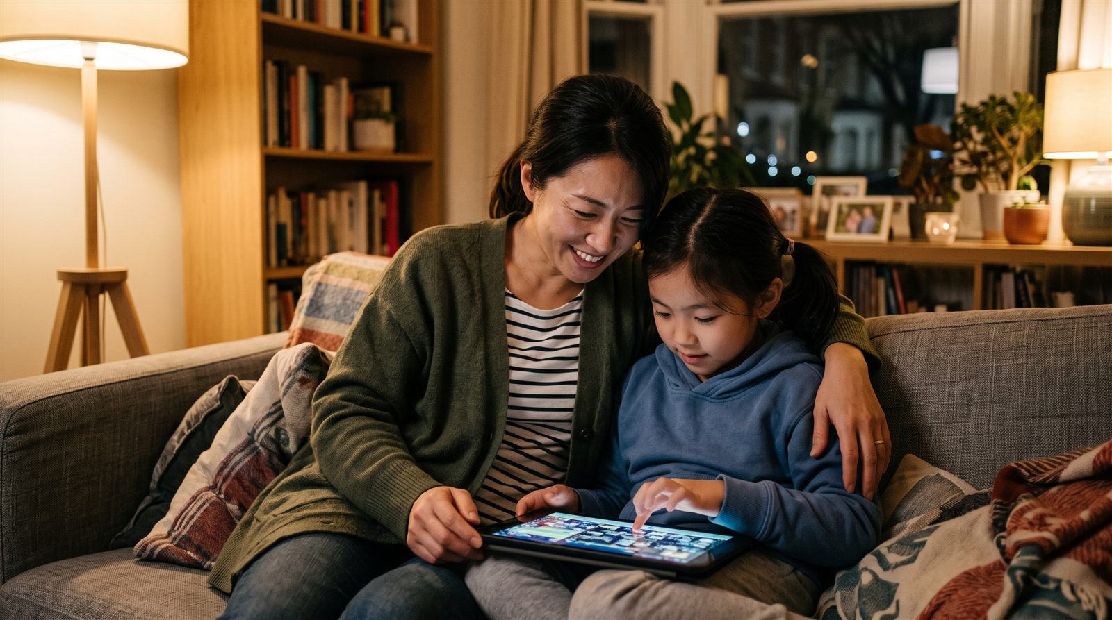 夜の海外の住宅のソファで、母親と小学生の子どもが肩を寄せ合って一つのタブレットの画面を一緒にのぞき込んでいる