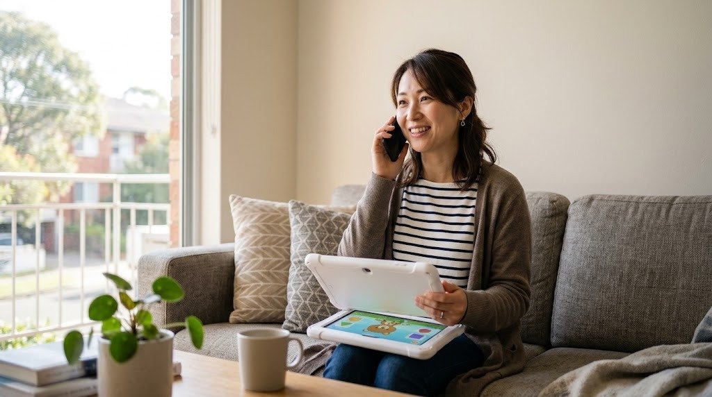 海外のマンションのリビングのソファで、母親が学習用タブレットを持ちながらスマートフォンで電話している朝の様子
