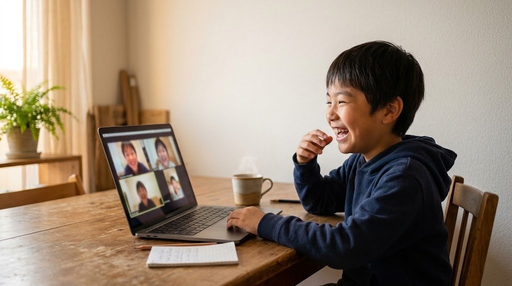 海外のマンションのダイニングテーブルで、小学生の男の子がノートパソコンのビデオ通話で友達と話しながら大笑いしている夕方の様子