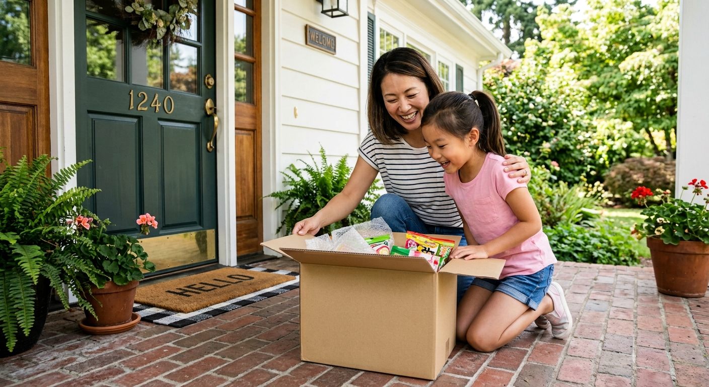 海外の玄関先で、届いた日本からの荷物を受け取った母親と小学生の子どもが箱を見ている明るい昼間の様子