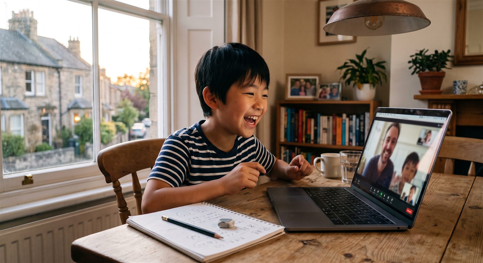 海外の自宅で、小学生の子どもがノートパソコンの画面越しに笑顔で日本語を話している夕方の様子