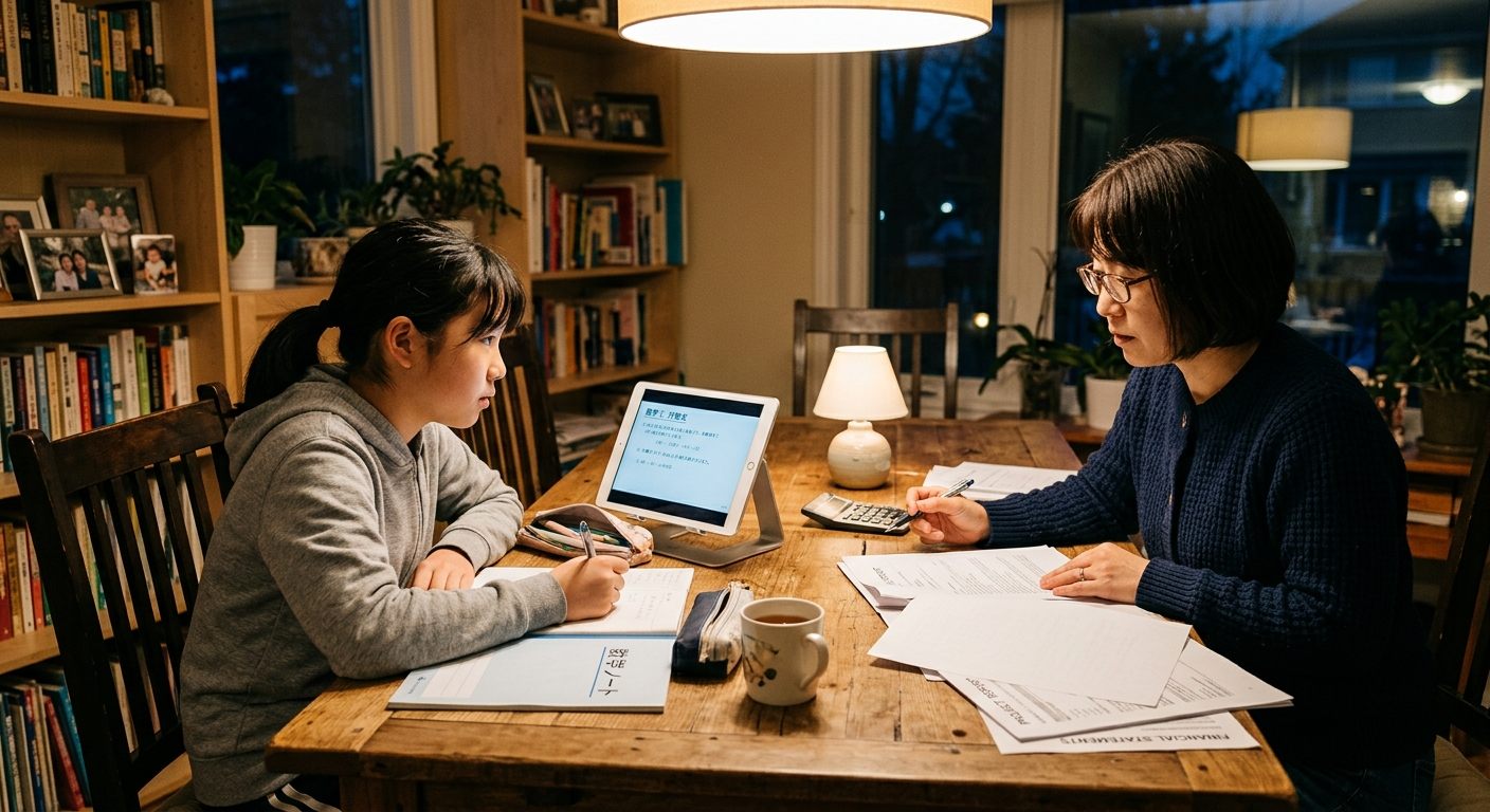 海外の自宅のダイニングで、中学生の女の子が画面を見ながらノートに書いて勉強し、隣で母親が書類を見ている夜の様子