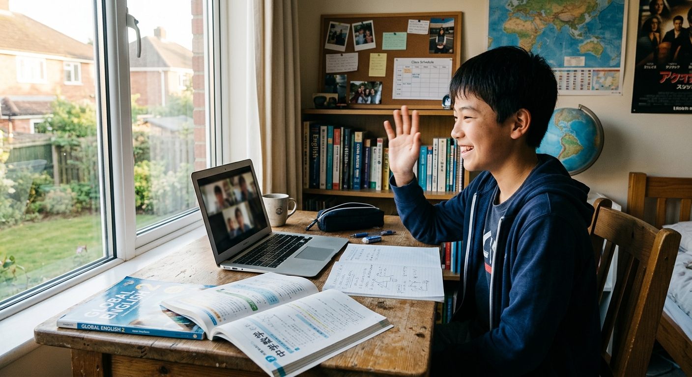 海外の部屋で、中学生の男の子がノートパソコンの画面越しに同世代と笑顔で話している放課後の様子