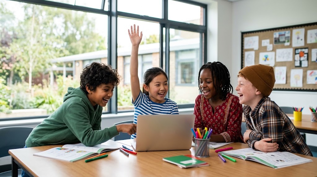 Four children of different backgrounds learning together around a laptop in a bright classroom