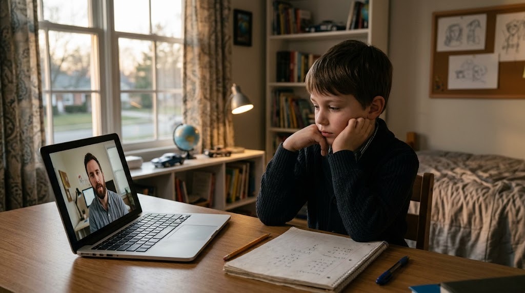 A young boy alone at a desk during a one-to-one online lesson with an adult tutor