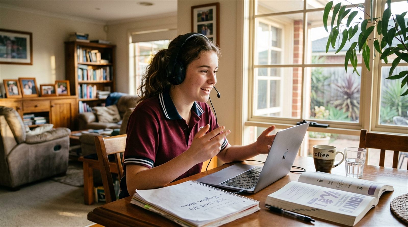 A Year 12 student in Melbourne practising Japanese conversation on a laptop after school
