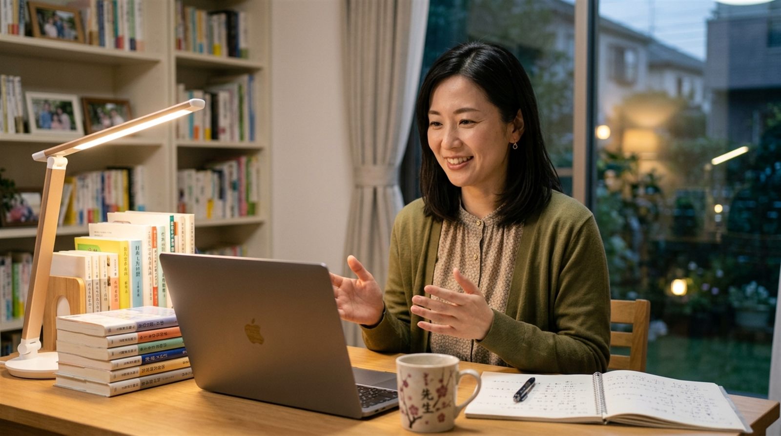 A qualified Japanese teacher in Japan leading an online lesson in the evening