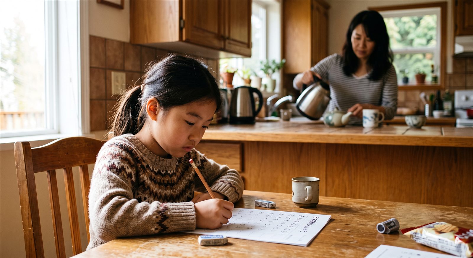 A girl working through a Japanese language worksheet at the kitchen table while her mother makes tea