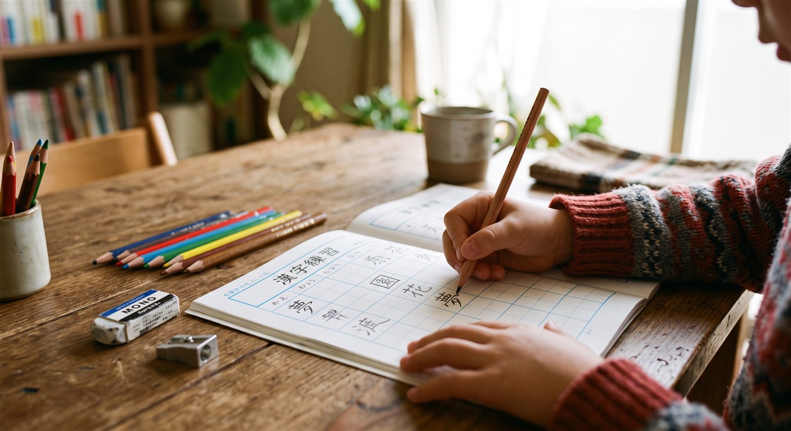A child's hands writing kanji in a squared practice workbook with pencils on a wooden table