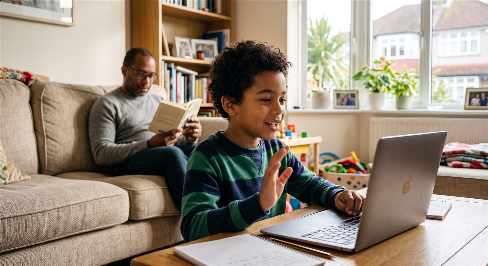A boy speaking to his teacher during a live online Japanese class on a laptop at home