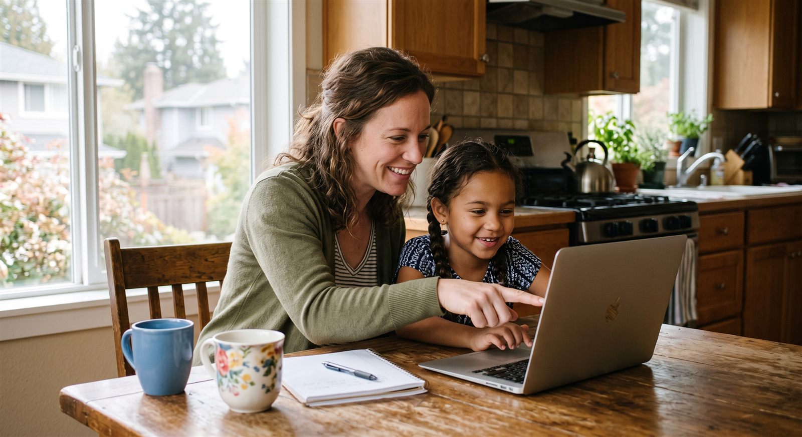 A mother and daughter choosing an online class together on a laptop at the kitchen table